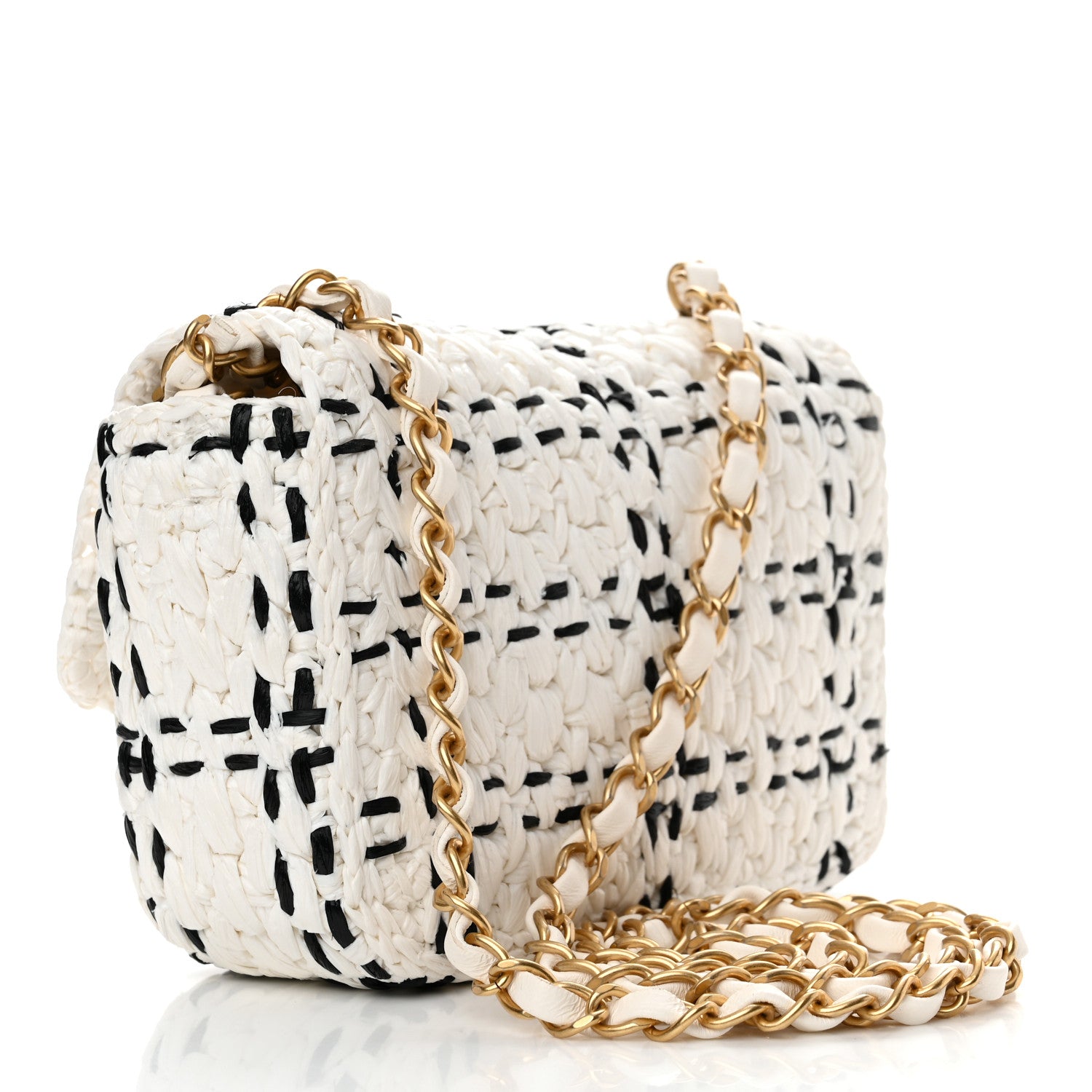 Chanel Raffia Effect Tweedy Mini Flap Bag White Black 3 of 10