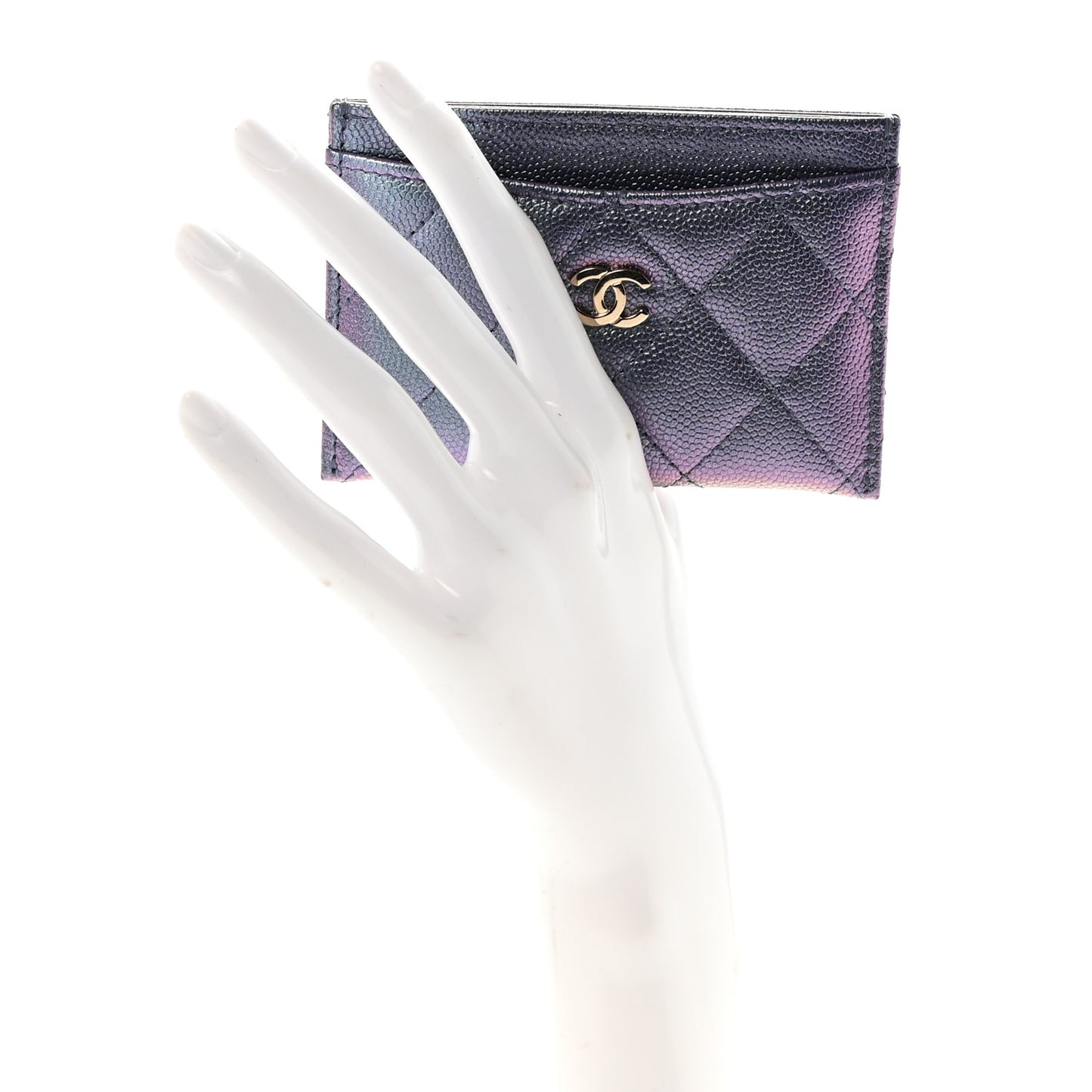Iridescent Caviar Quilted Card Holder Dark Blue