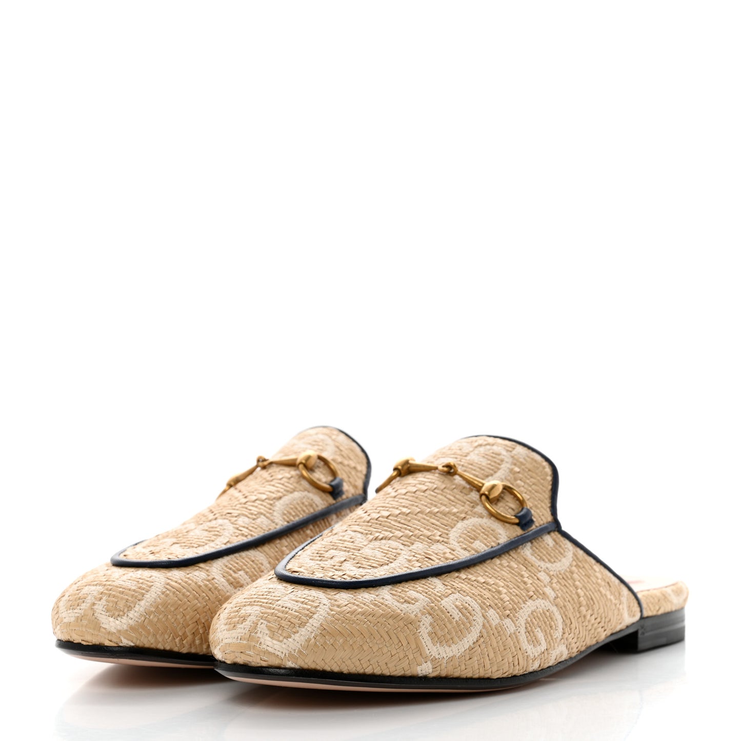 Raffia Malaga Kid GG Monogram Chevron Horsebit Womens Princetown Slippers 39 Natural Mystic White Blue Agata