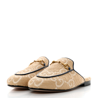 Gucci Raffia Malaga Kid GG Monogram Chevron Horsebit Womens Princetown Slippers 39 Natural Mystic White Blue Agata 3 of 8