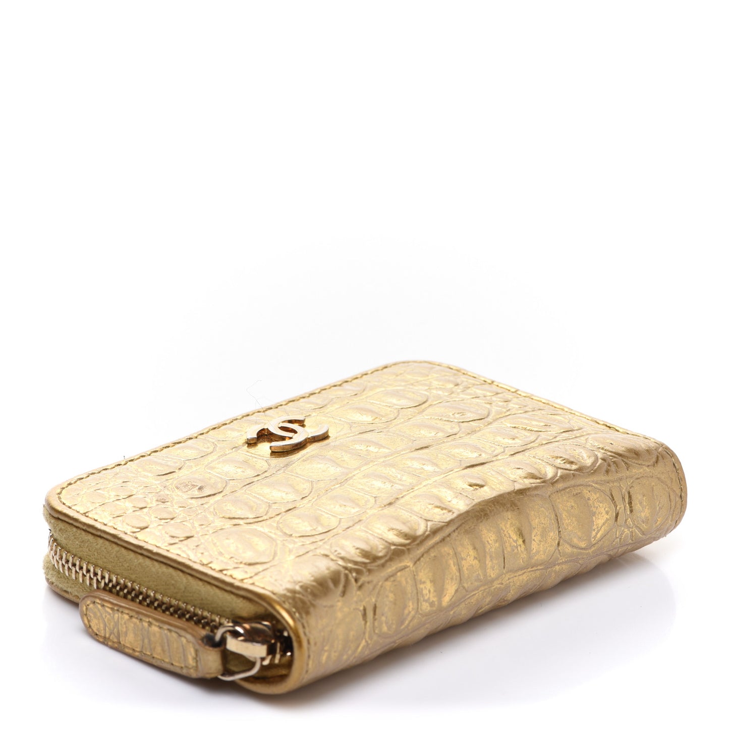 Metallic Calfskin Crocodile Embossed Cocodile Zip Coin Case Gold