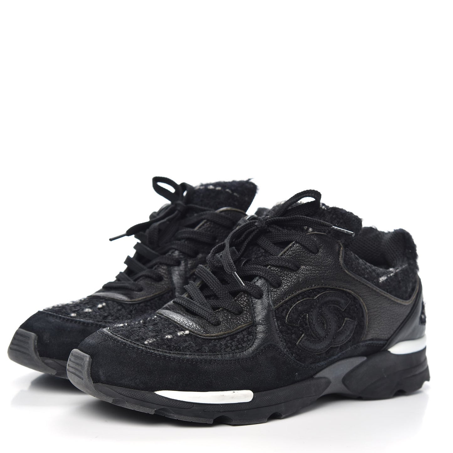 Tweed Suede Goatskin CC Sneakers 37.5 Black White