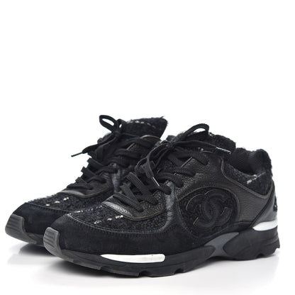 Chanel Tweed Suede Goatskin CC Sneakers 37.5 Black White 3 of 11