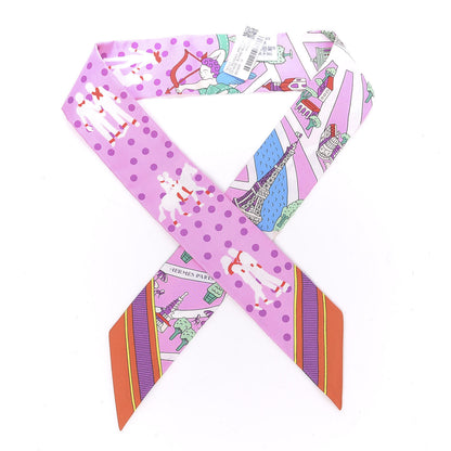 Hermes Silk Les Nouveaux Amoureux de Paris Twilly Rose Buvard White Vert 1 of 4