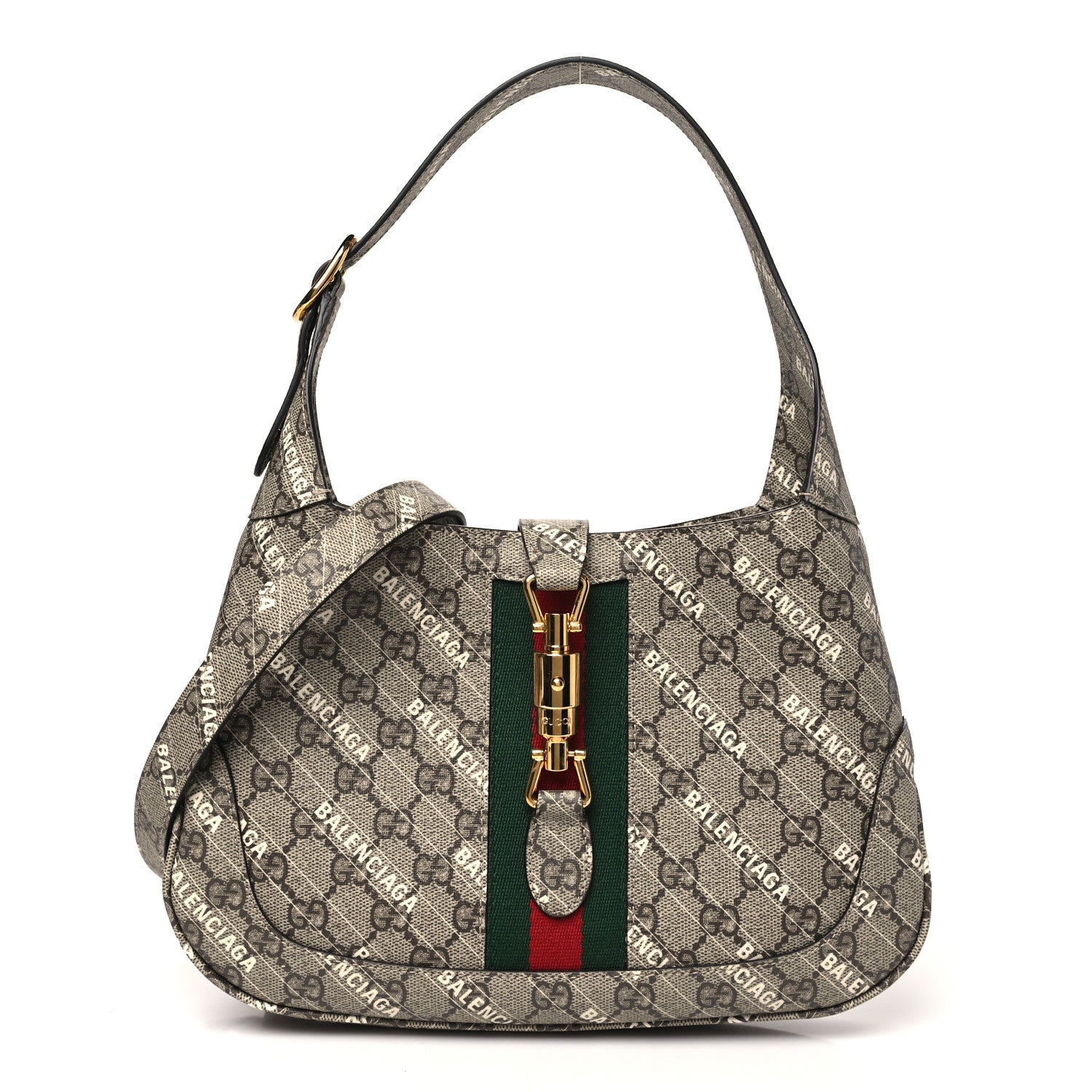 Gucci X BALENCIAGA GG Supreme Monogram Striped Logo Print Web Small Jackie 1961 Hobo Beige Ebony Mystic White 1 of 10