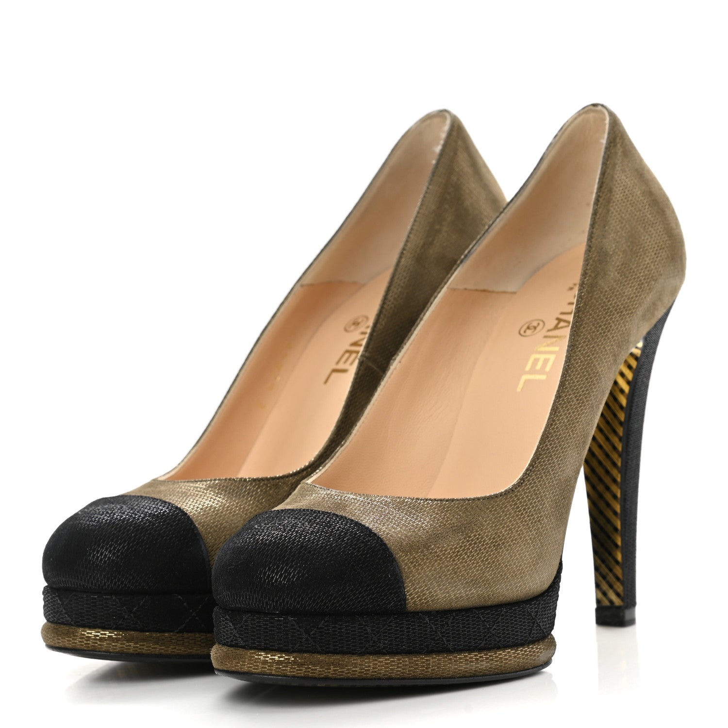 Chanel Metallic Fabric CC Cap Toe Pumps 39.5 Khaki Black 3 of 9