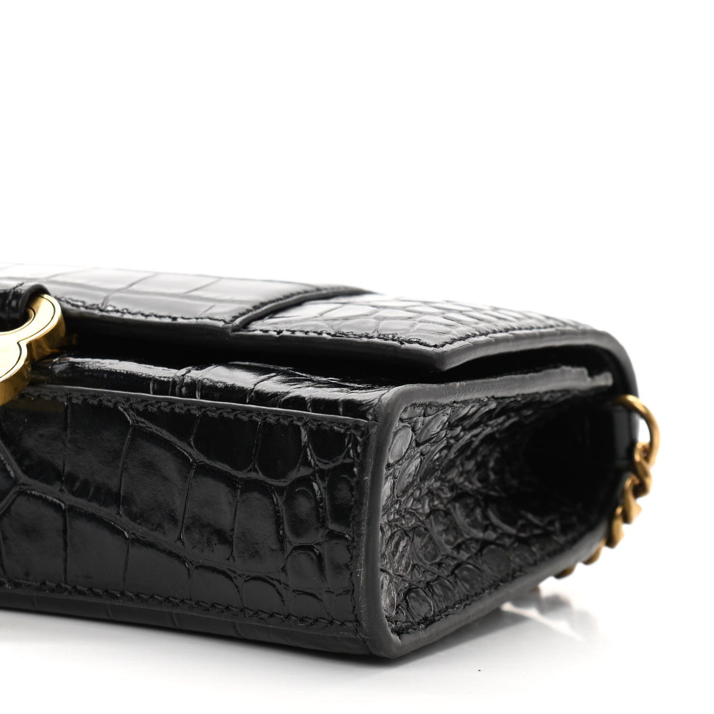 Shiny Calfskin Crocodile Embossed Hourglass Chain Bag Black