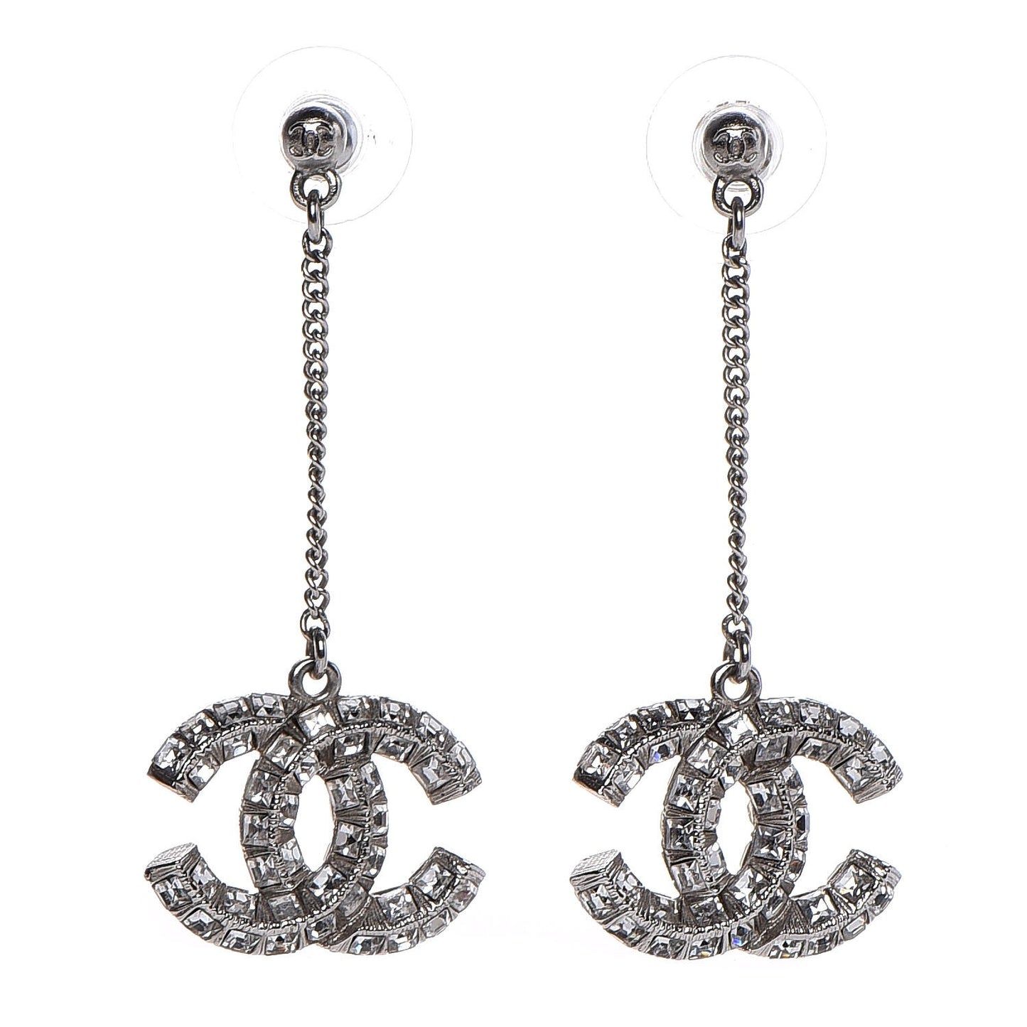Baguette Crystal CC Dangle Earrings Silver