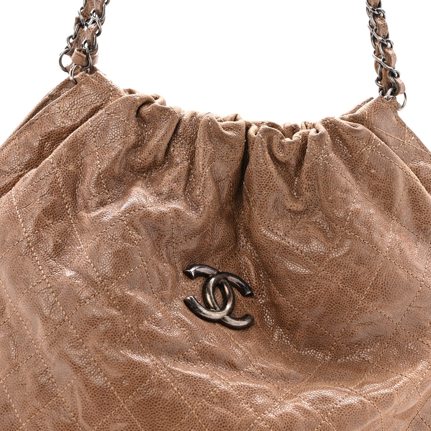 Chanel Distressed Glazed Caviar Quilted Large Elastic Tote Brown