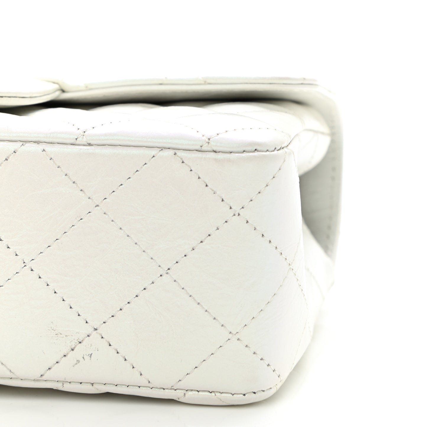 Iridescent Crumpled Calfskin Quilted Mini Rectangular Flap White