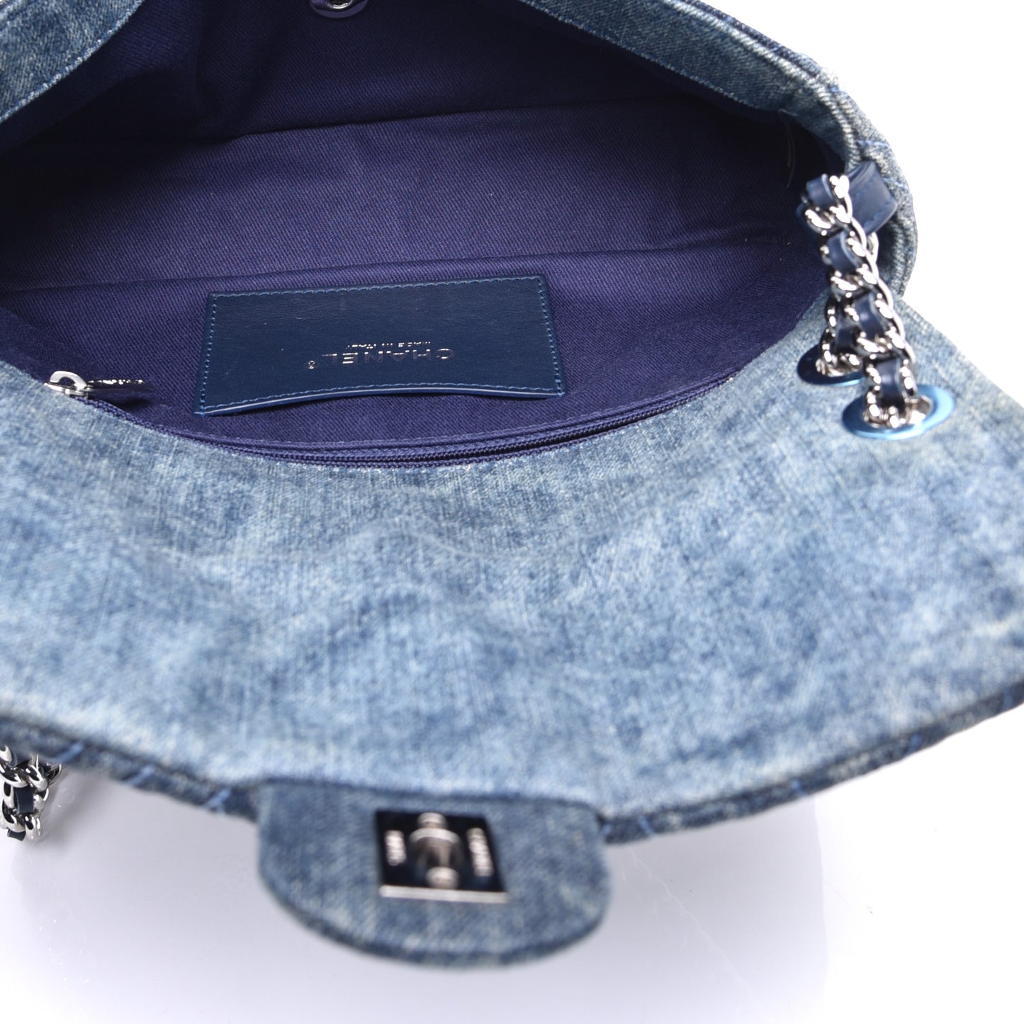 Denim Quilted Camellia Embroidered Medium Flap Blue