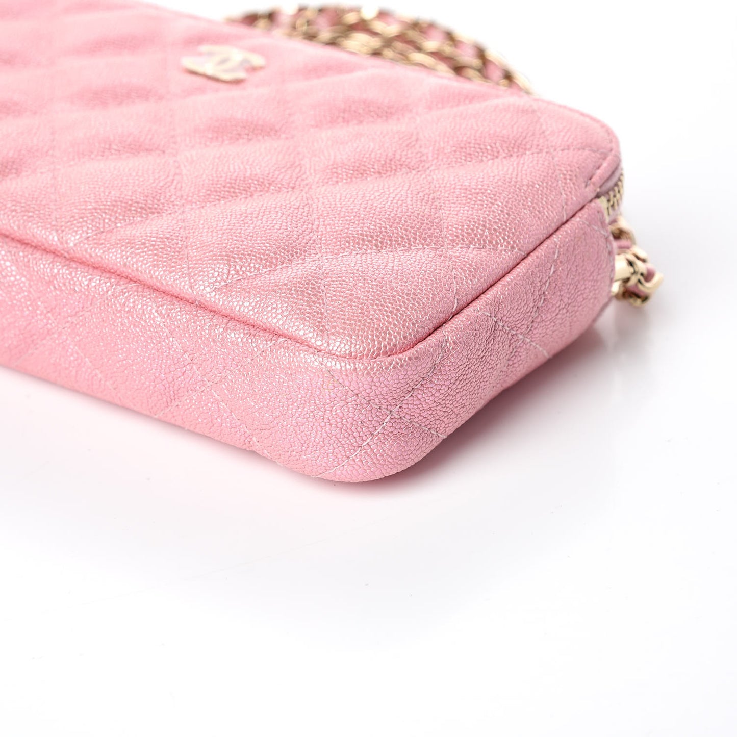 Iridescent Caviar Quilted Small Clutch With Chain Pink