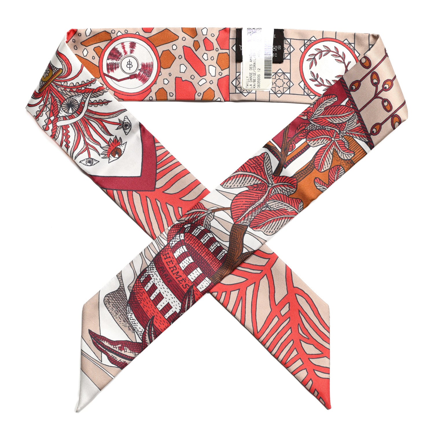 Hermes Silk La Danse Des Amazones Twilly Beige Corail Brun 1 of 4