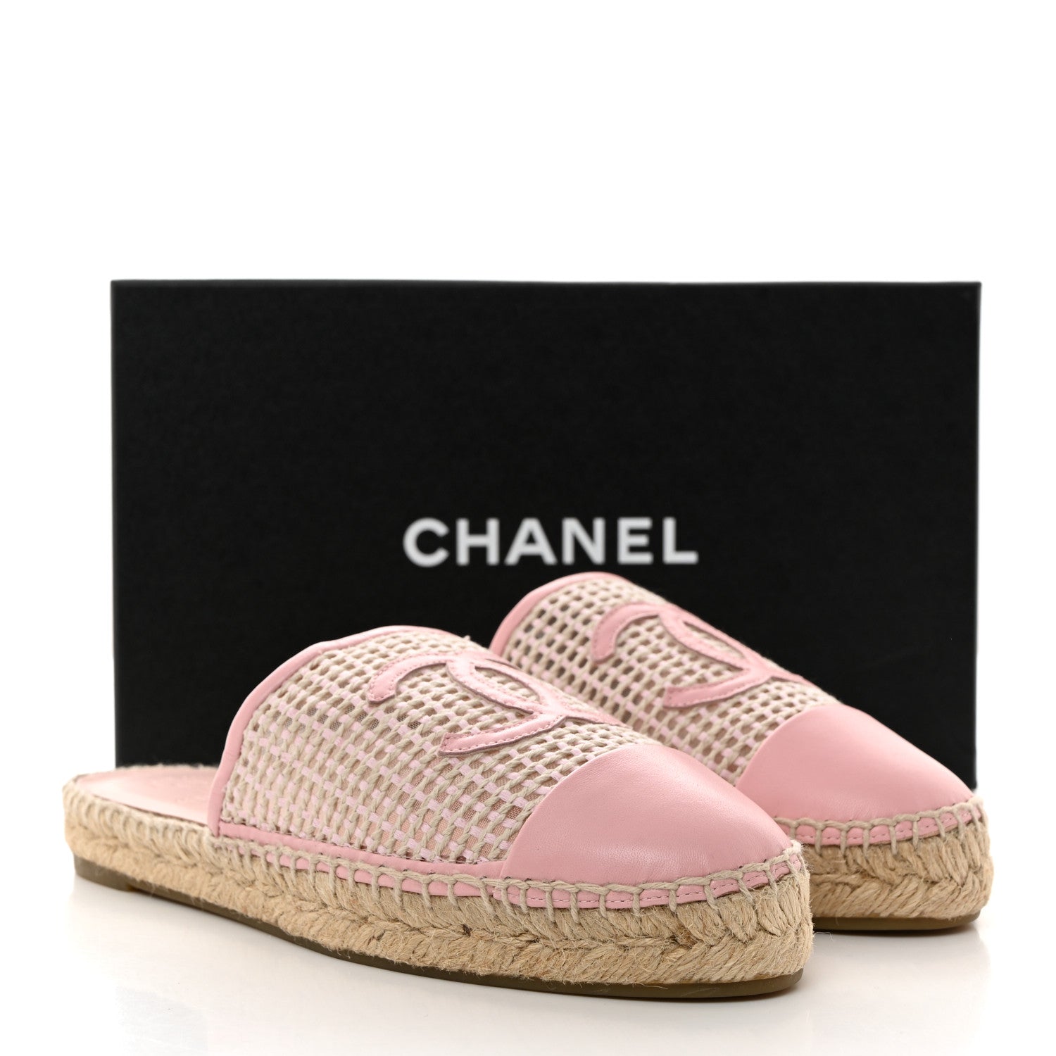 Chanel Mesh Grosgrain Lambskin CC Espadrilles Mule 38 Light Pink Beige 10 of 10
