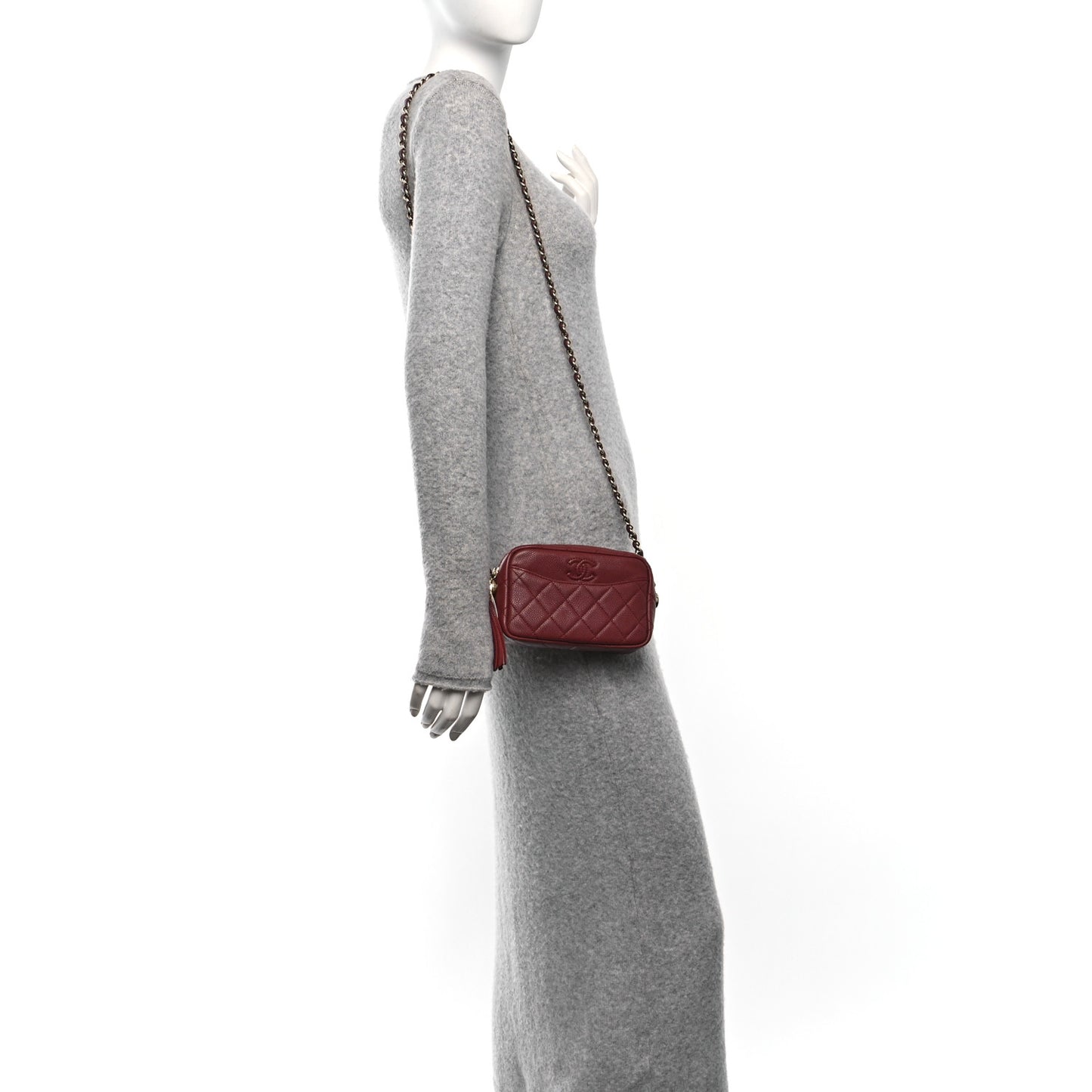 Caviar Quilted Mini Coco Tassel Camera Case Burgundy