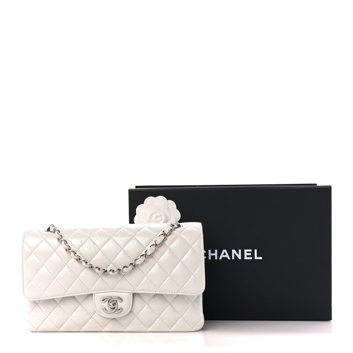 Iridescent Crumpled Calfskin Quilted Medium Double Flap White