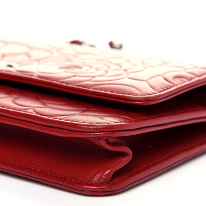 Chanel Lambskin Camellia Embossed Wallet On Chain WOC Red 14 of 21