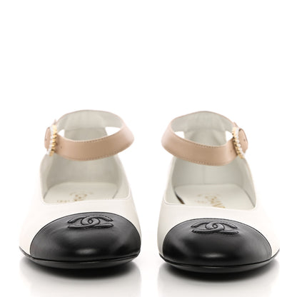 Chanel Lambskin Pearl Cap Toe CC Ankle Strap Flats 38 White Black Beige 2 of 9