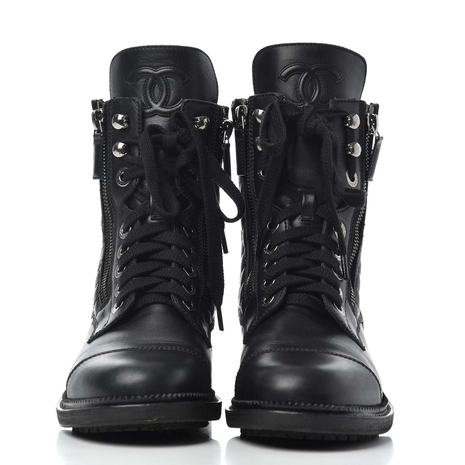 Chanel Calfskin Quilted Lace Up Combat Boots 37 Black 2 of 19