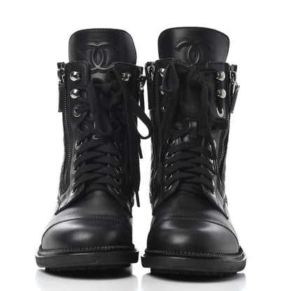 Chanel Calfskin Quilted Lace Up Combat Boots 37 Black 2 of 19