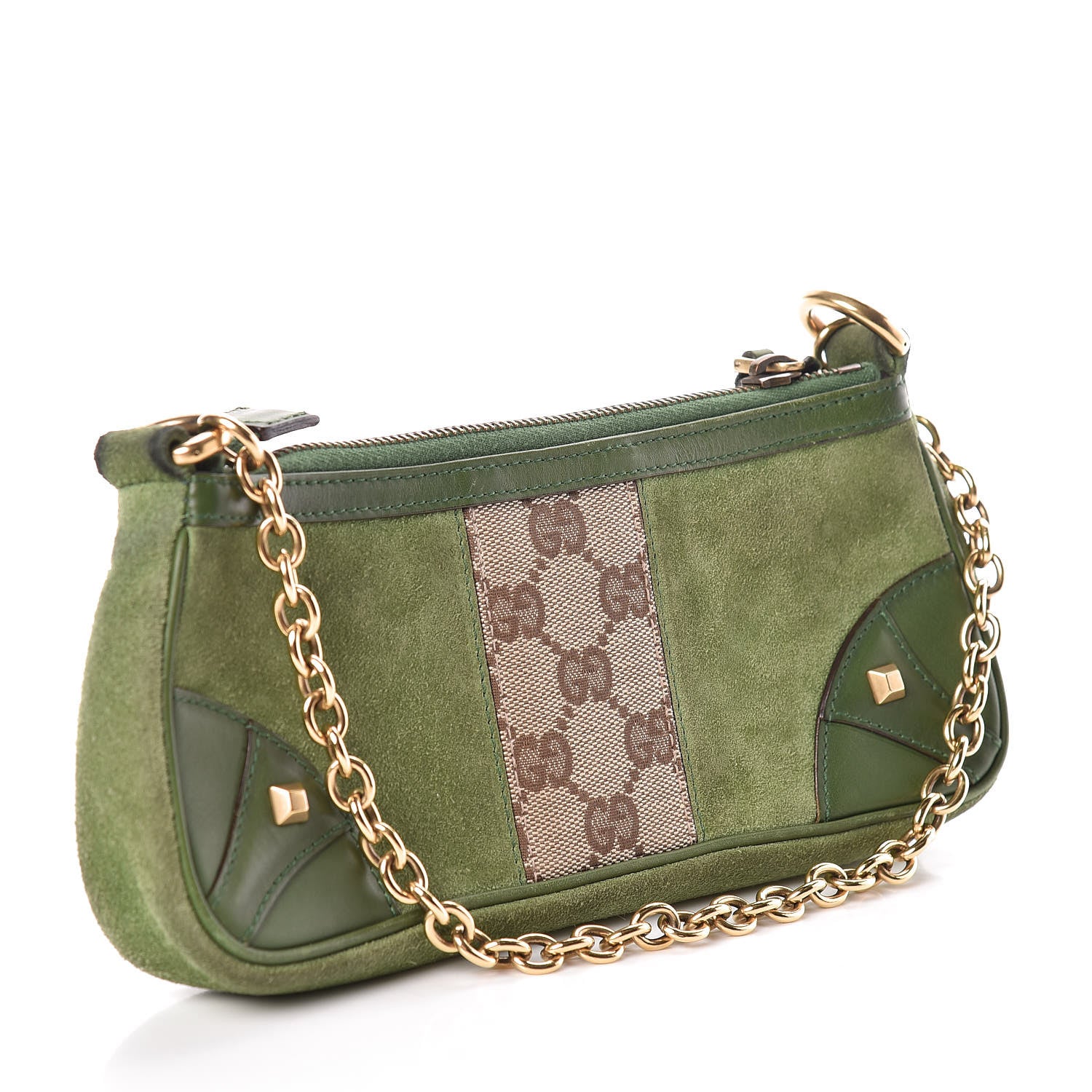 Gucci Suede Monogram Horsebit Nail Chain Pochette Green 3 of 9