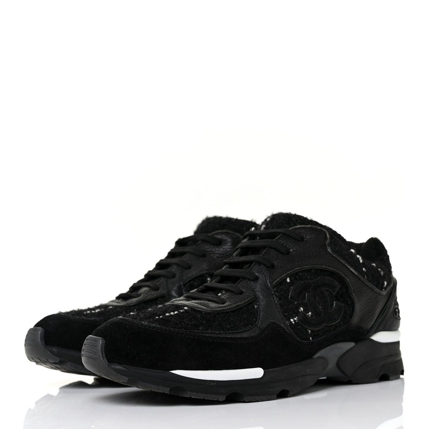 Tweed Suede Goatskin CC Sneakers 39.5 Black White