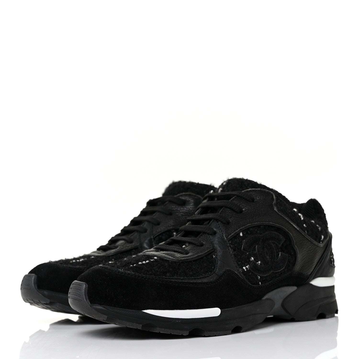 Chanel Tweed Suede Goatskin CC Sneakers 39.5 Black White 3 of 9