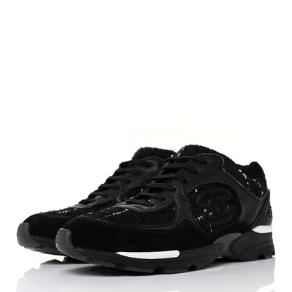 Chanel Tweed Suede Goatskin CC Sneakers 39.5 Black White 3 of 9