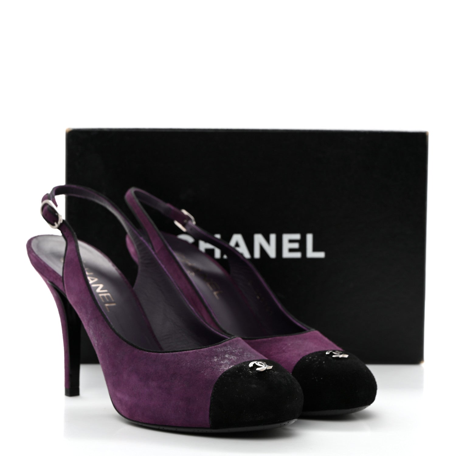Chanel Suede Cap Toe CC Slingback Pumps 40 Violet Black 9 of 9