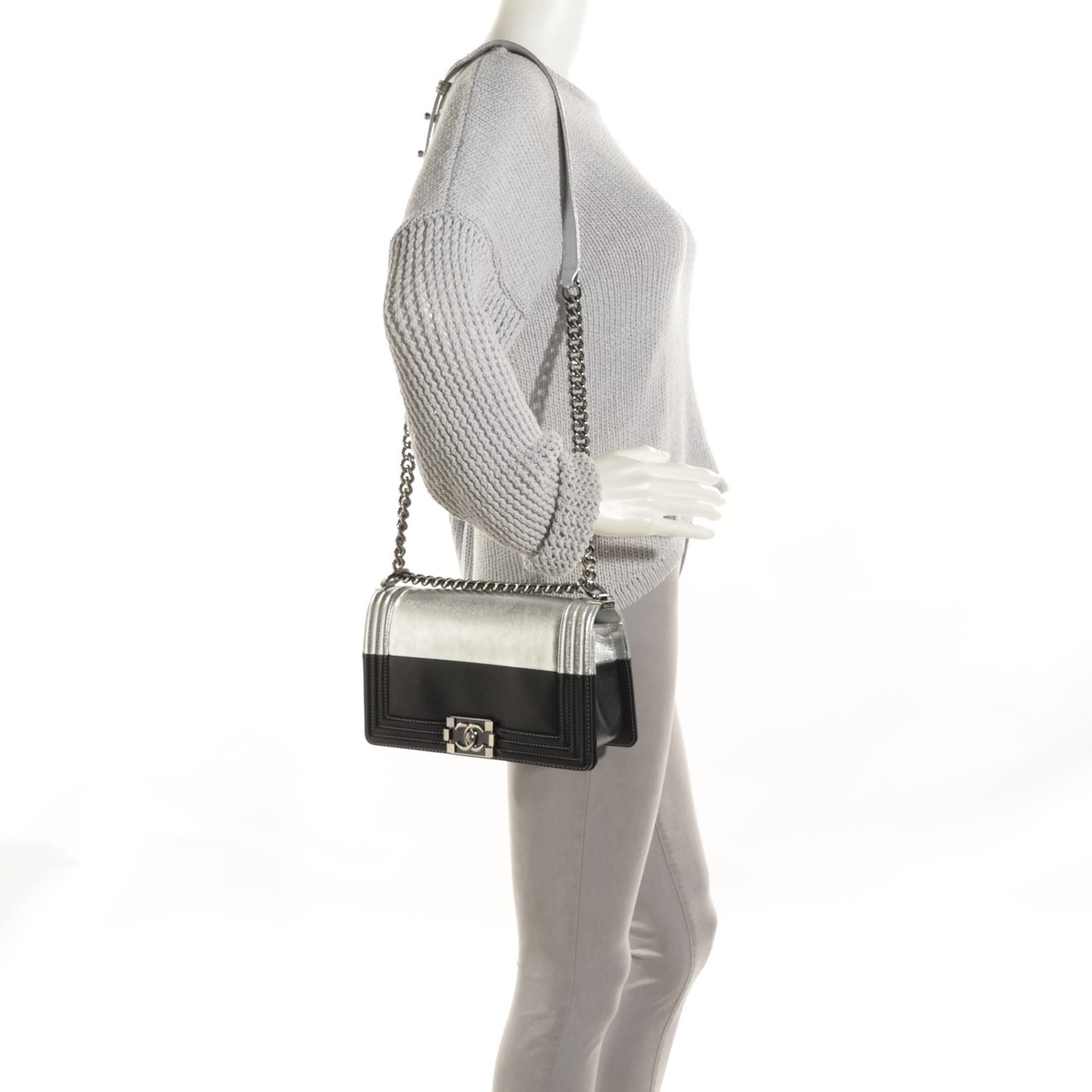 Metallic Goatskin Calfskin Medium Boy Flap Silver Black