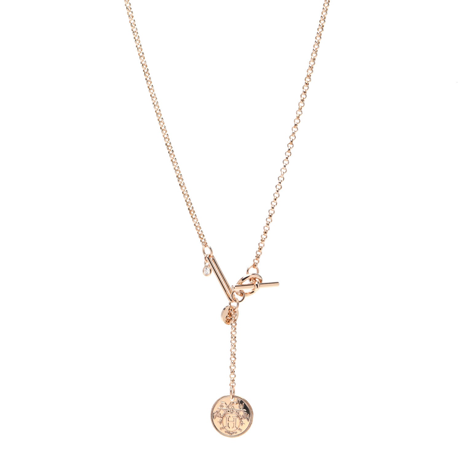 Hermes 18K Rose Gold Diamond PM Ex-Libris Pendant Necklace 1 of 5