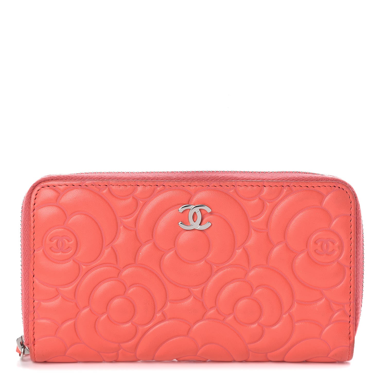 Chanel Lambskin Camellia Embossed Small Zip Around Wallet Coral 1 of 13