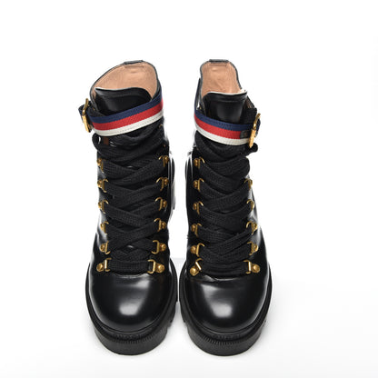 Gucci Calfskin Sylvie Web Womens Lace Up Combat Boots 37.5 Black 5 of 10