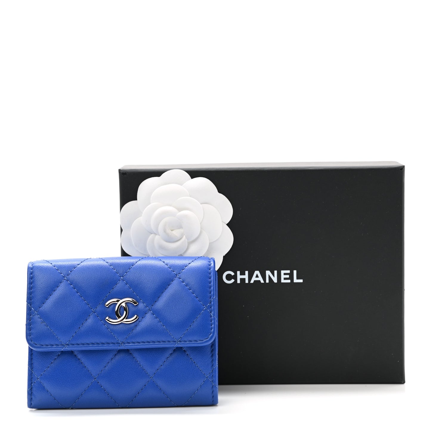 Lambskin Quilted Flap Card Holder Blue