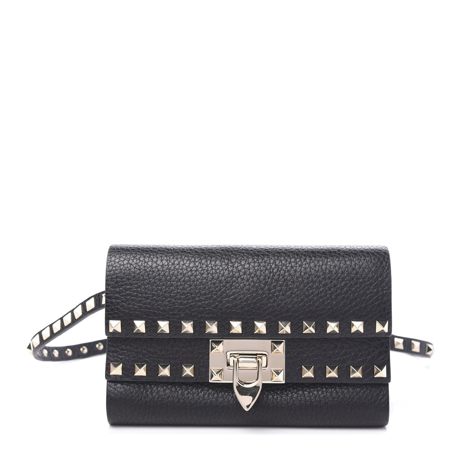 Grainy Calfskin Rockstud Double Flap Belt Bag Black