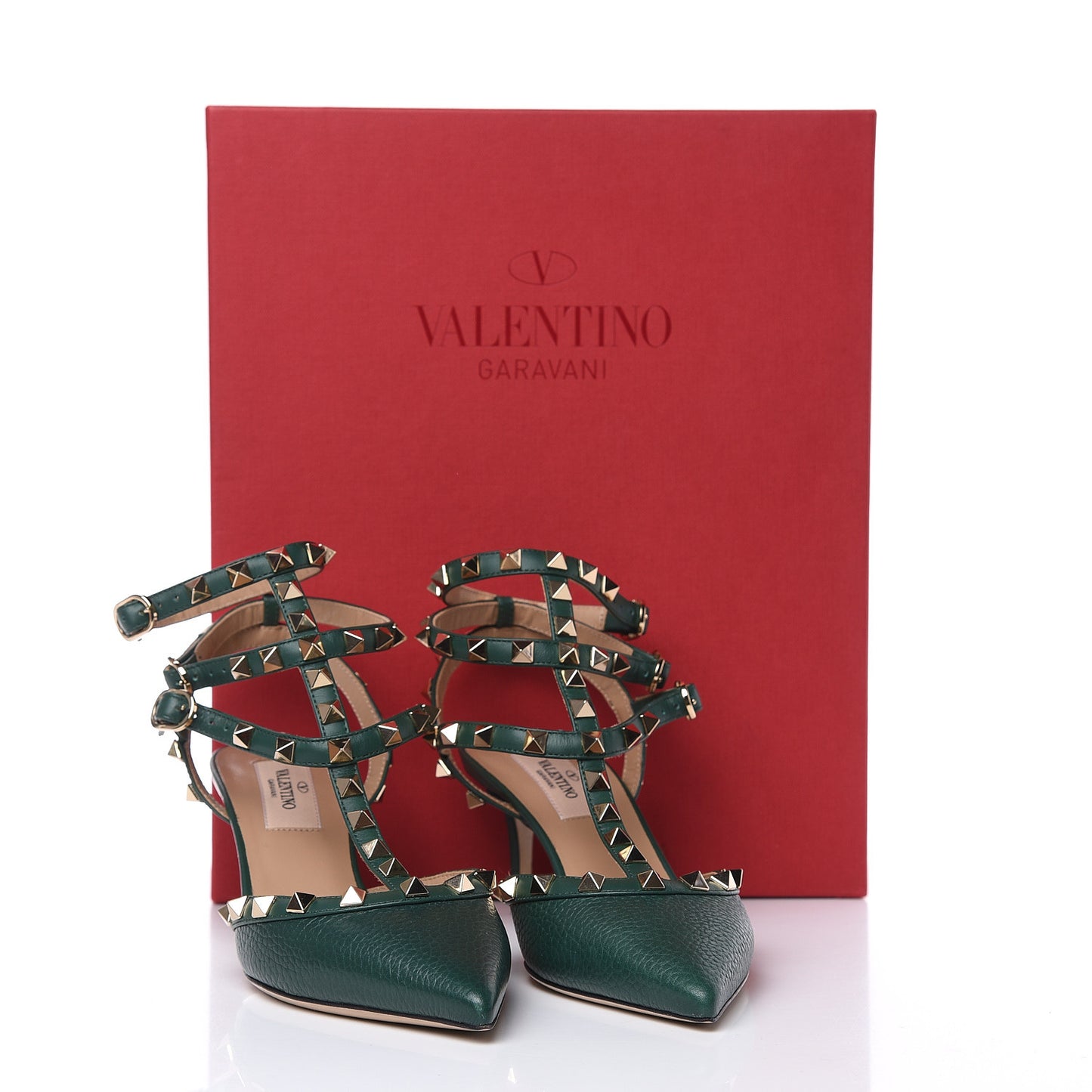 Pebbled Calfskin Rockstud Ankle Strap 65mm Pumps 36 English Green
