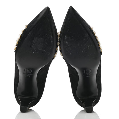 Chanel Suede Pearl Grosgrain Pumps 38 Black 5 of 10