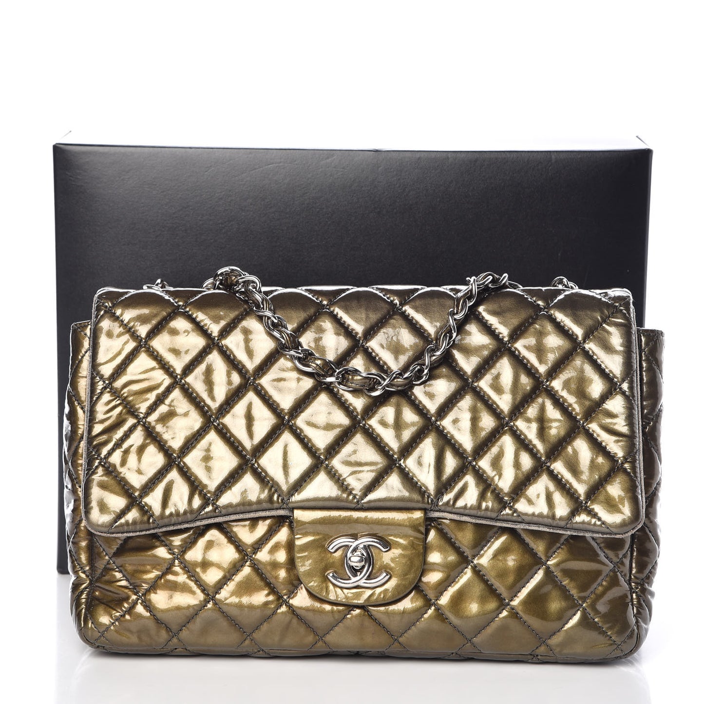 Metallic Patent Quilted Jumbo Single Flap Green