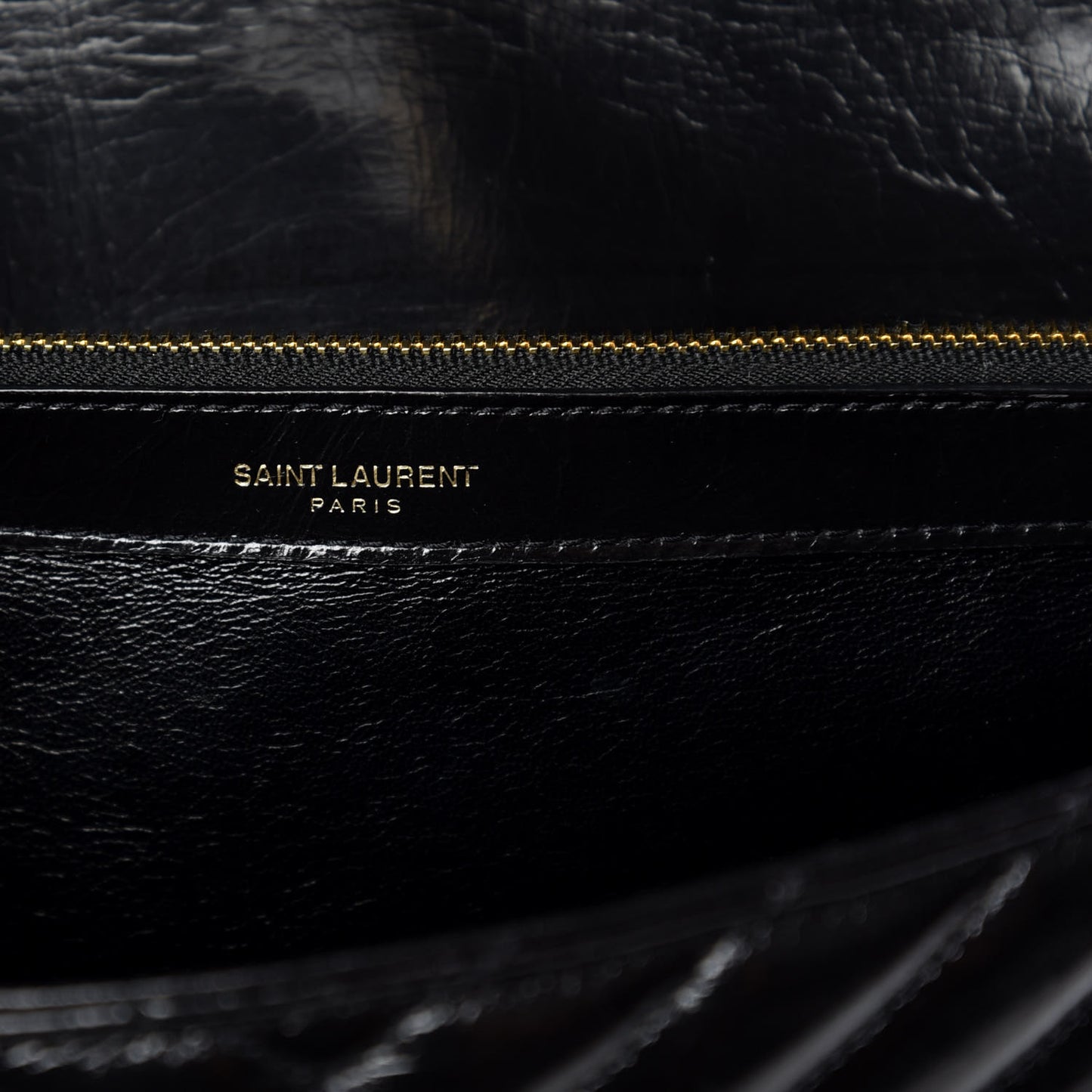 Cracked Shiny Calfskin Matelasse Chevron Monogram Large College Satchel Black
