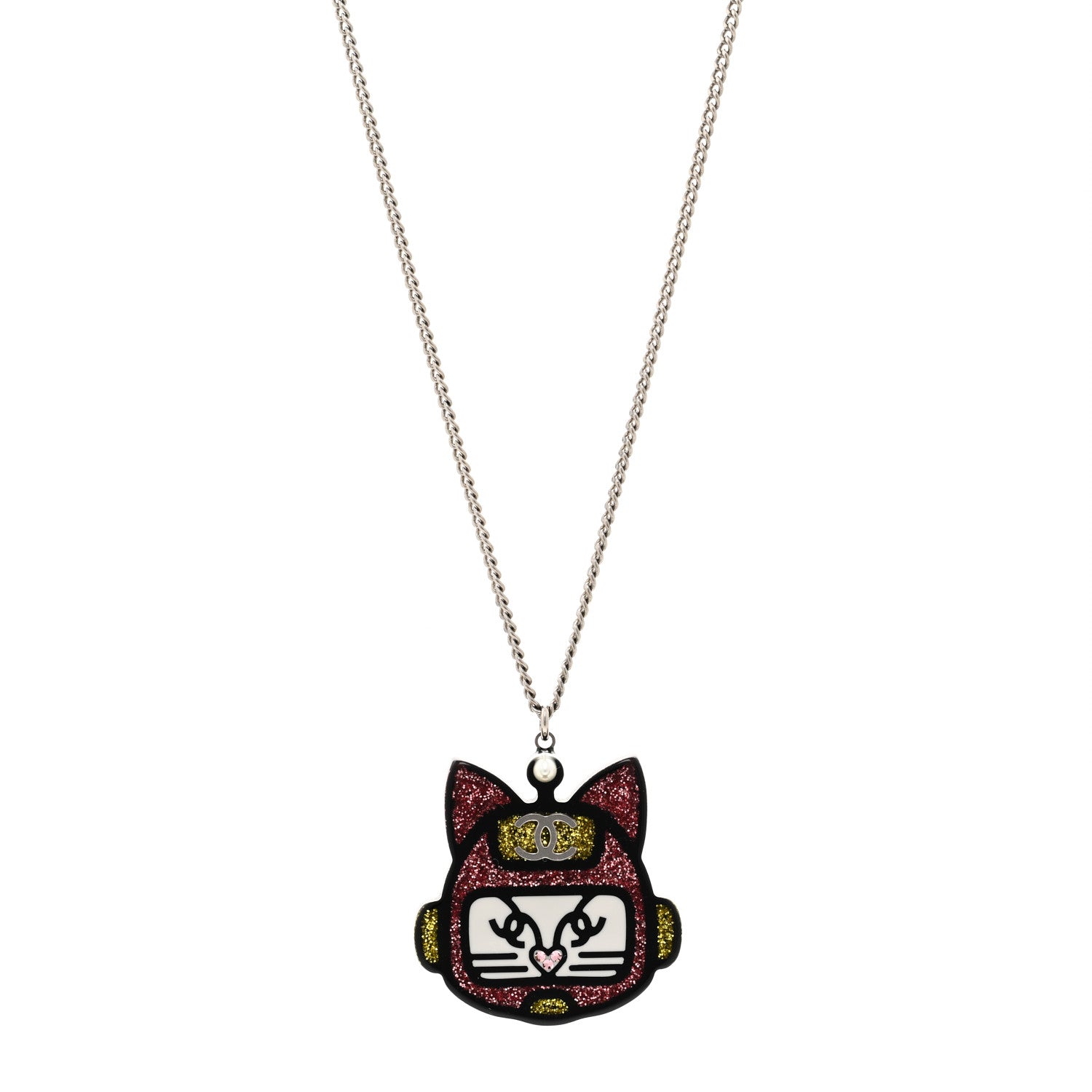 Chanel Resin Emoji Robot Cat Pendant Necklace Black Pink Yellow 1 of 5