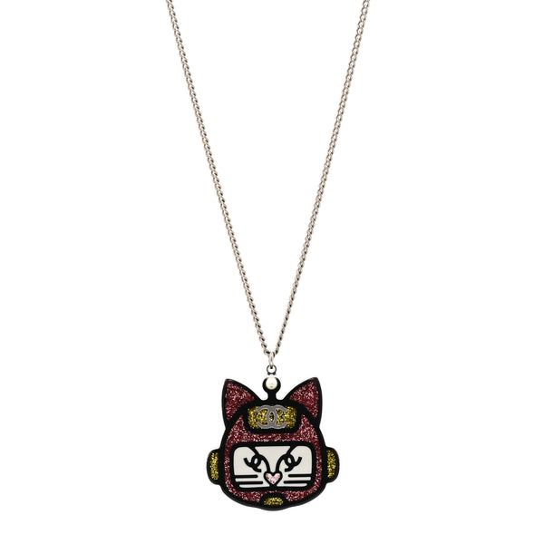 Chanel Resin Emoji Robot Cat Pendant Necklace Black Pink Yellow