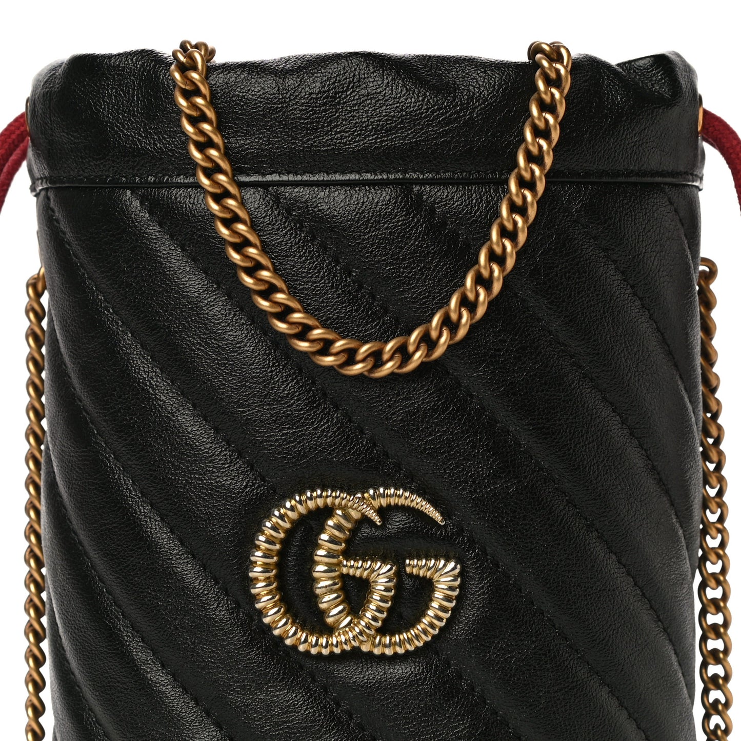 Vintage Effect Calfskin Matelasse Diagonal Mini Torchon GG Marmont 2.0 Bucket Bag Black Romantic Cherry