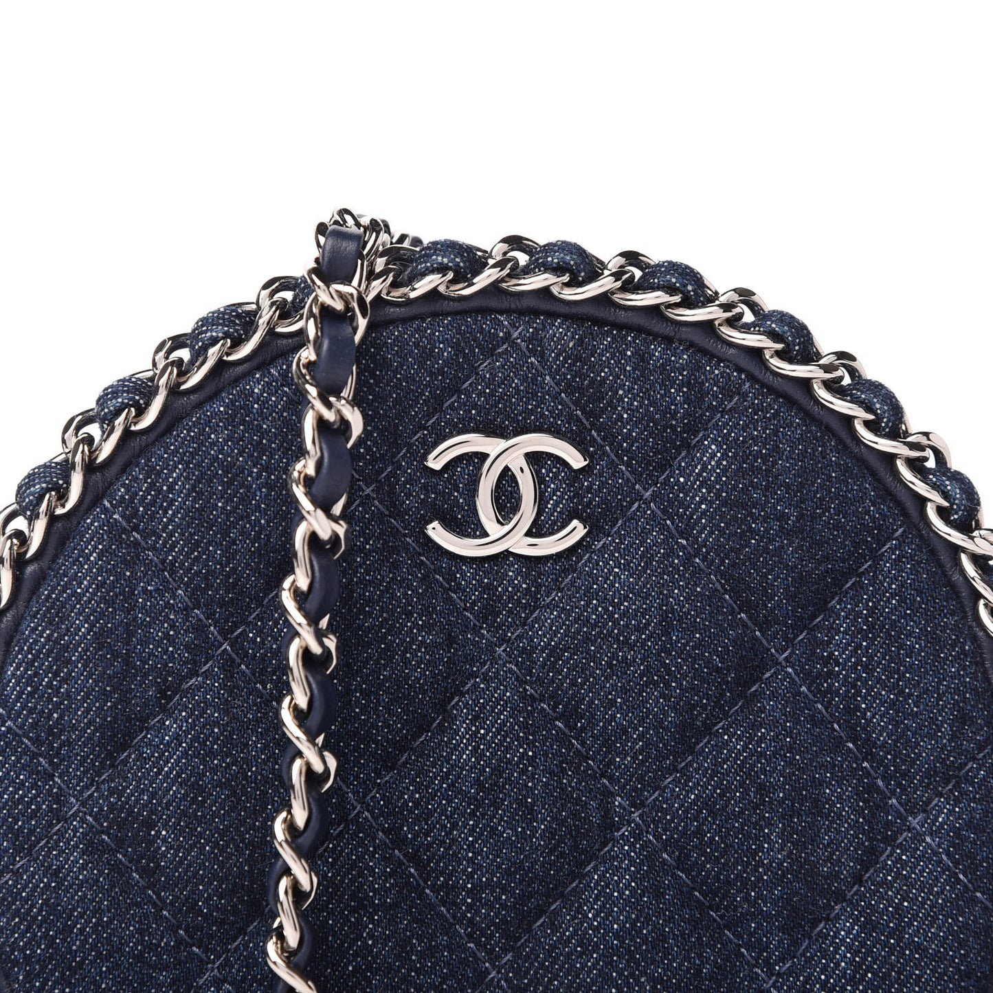 Denim Quilted Round Clutch With Chain Blue