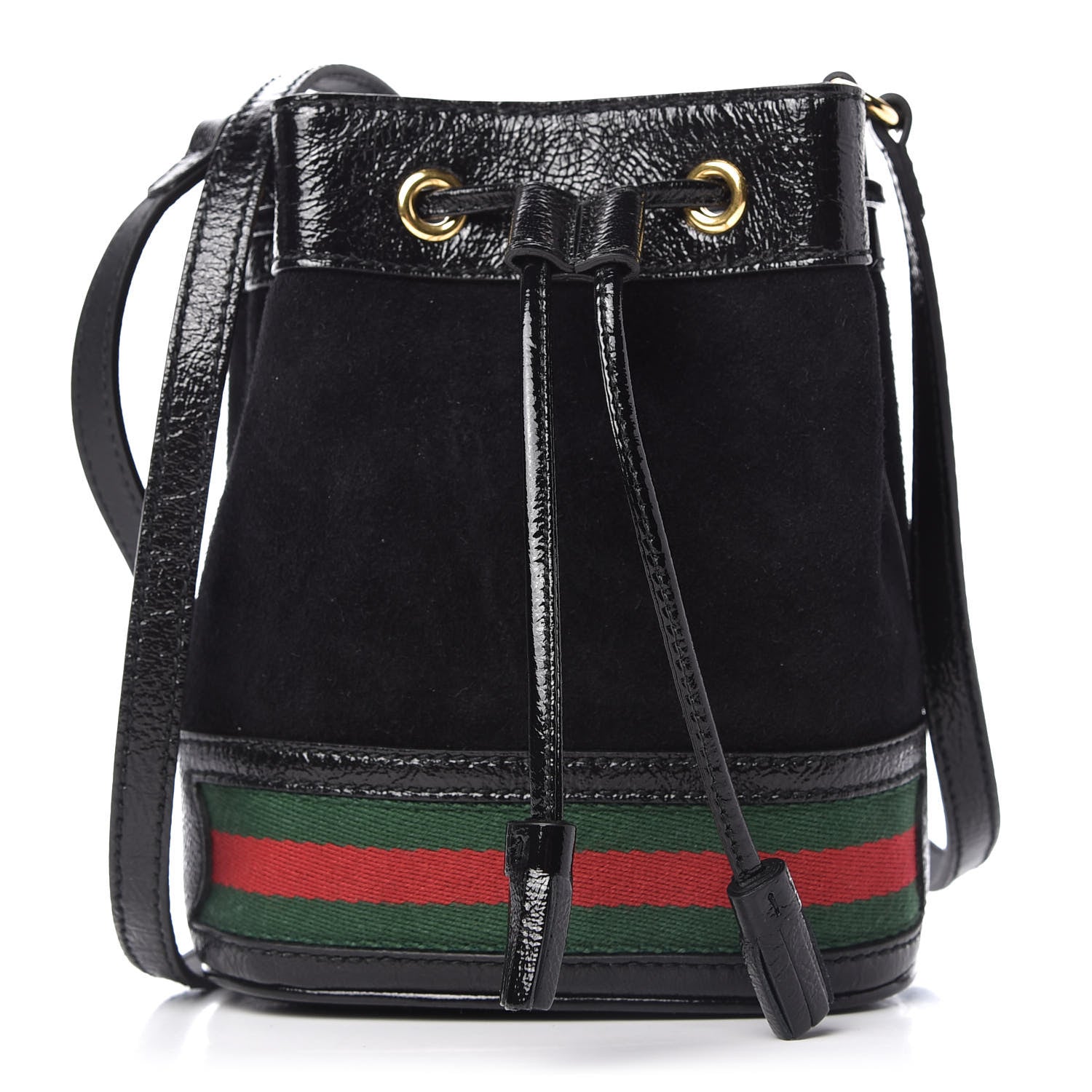 Gucci Suede Patent Web Mini Ophidia Bucket Bag Black 1 of 9