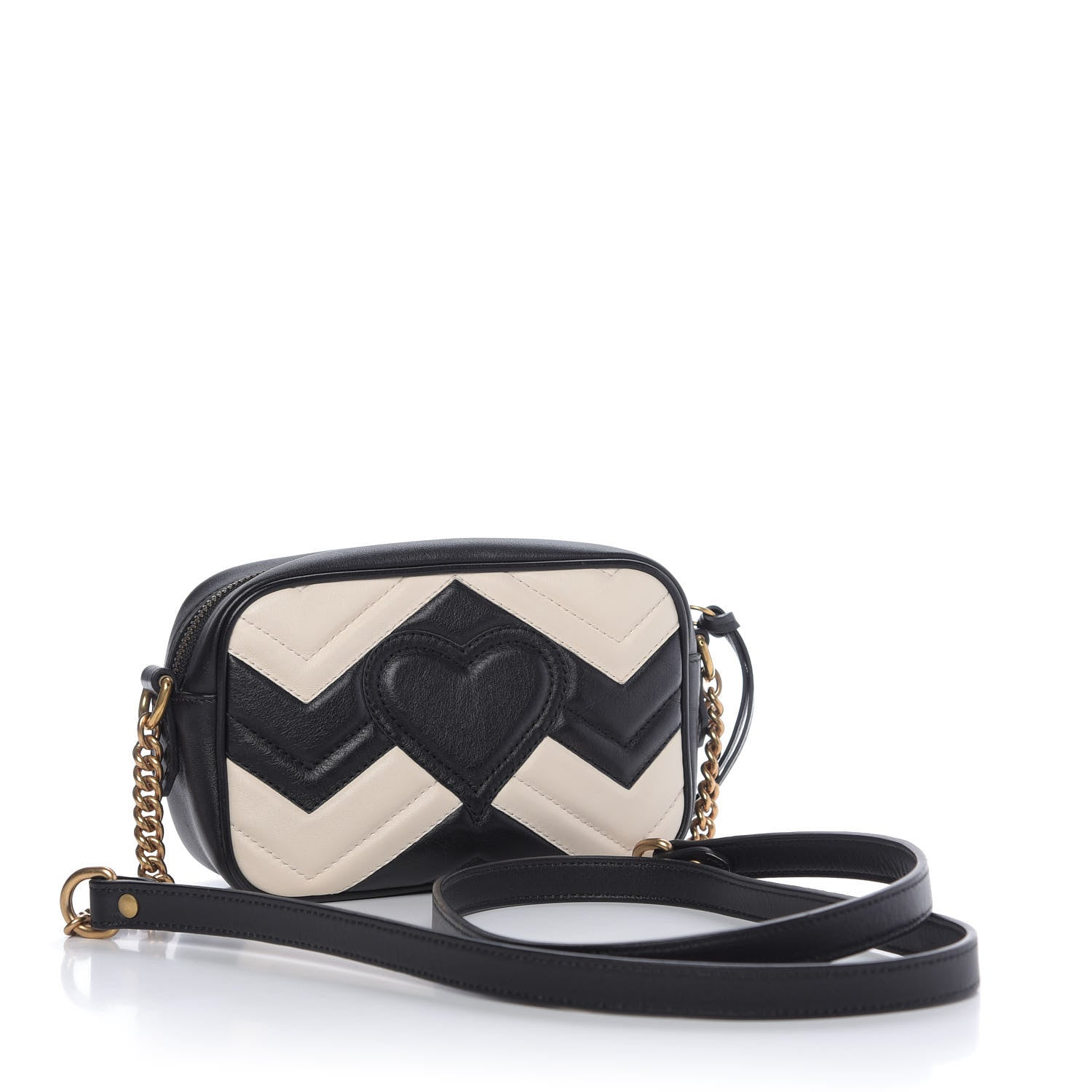 Gucci Calfskin Matelasse Mini GG Marmont Chain Shoulder Bag Black White 3 of 9