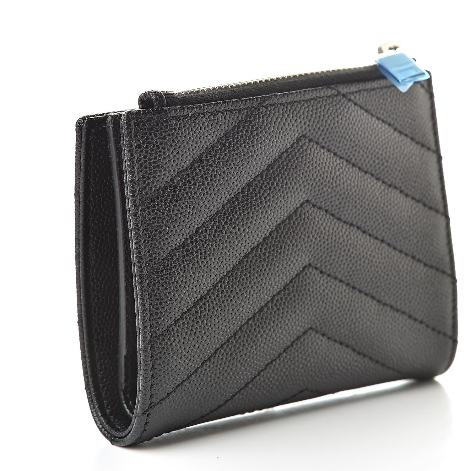 Saint Laurent Grain De Poudre Matelasse Chevron Monogram Zipped Card Case Black 3 of 8