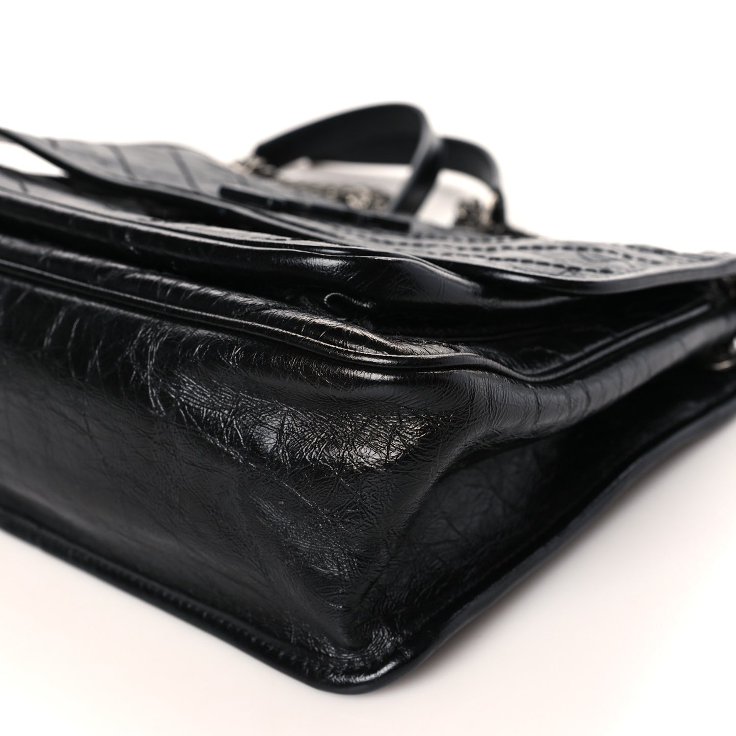 Crinkled Calfskin Matelasse Monogram Medium Niki Chain Satchel Black