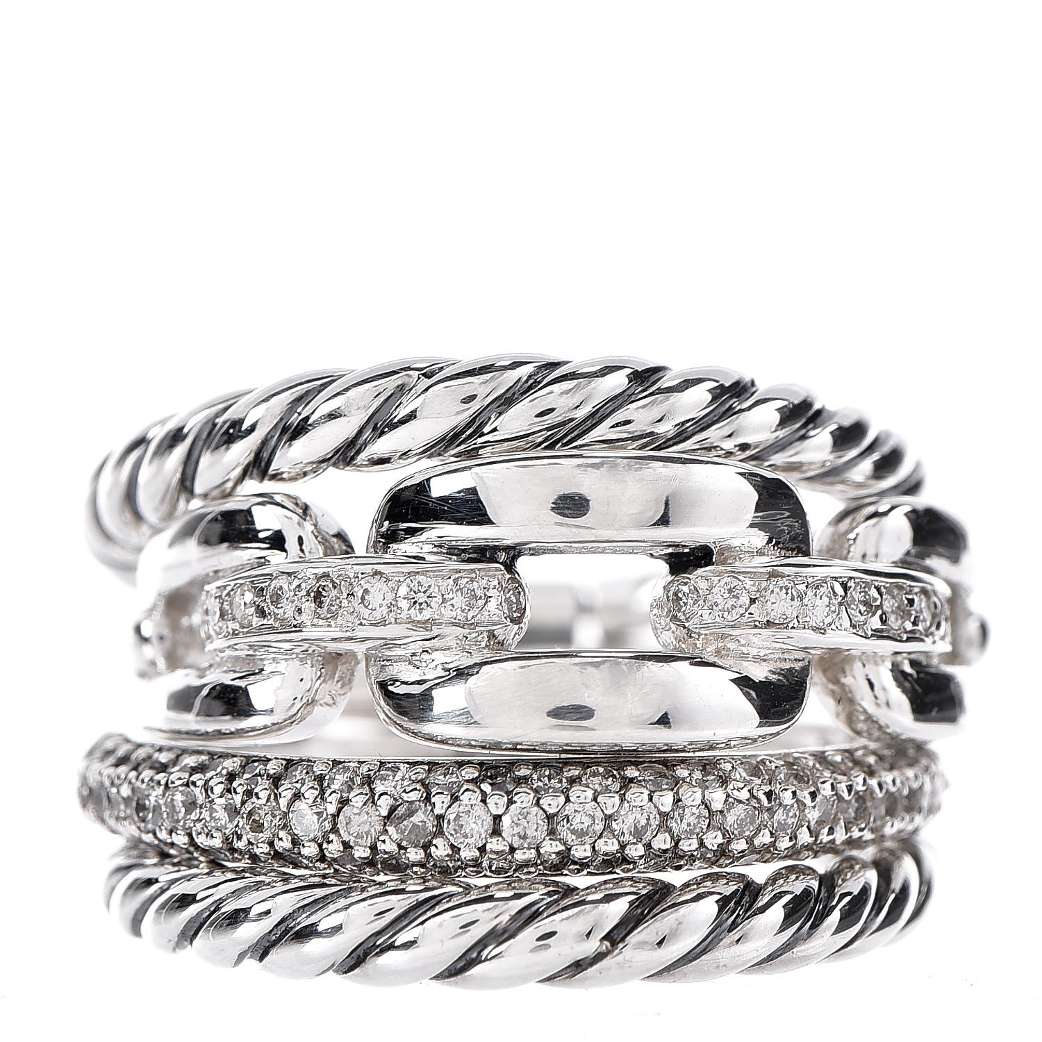David Yurman Sterling Silver Diamond Wellesley Link 4 Row Ring 53.5 6.5 1 of 5