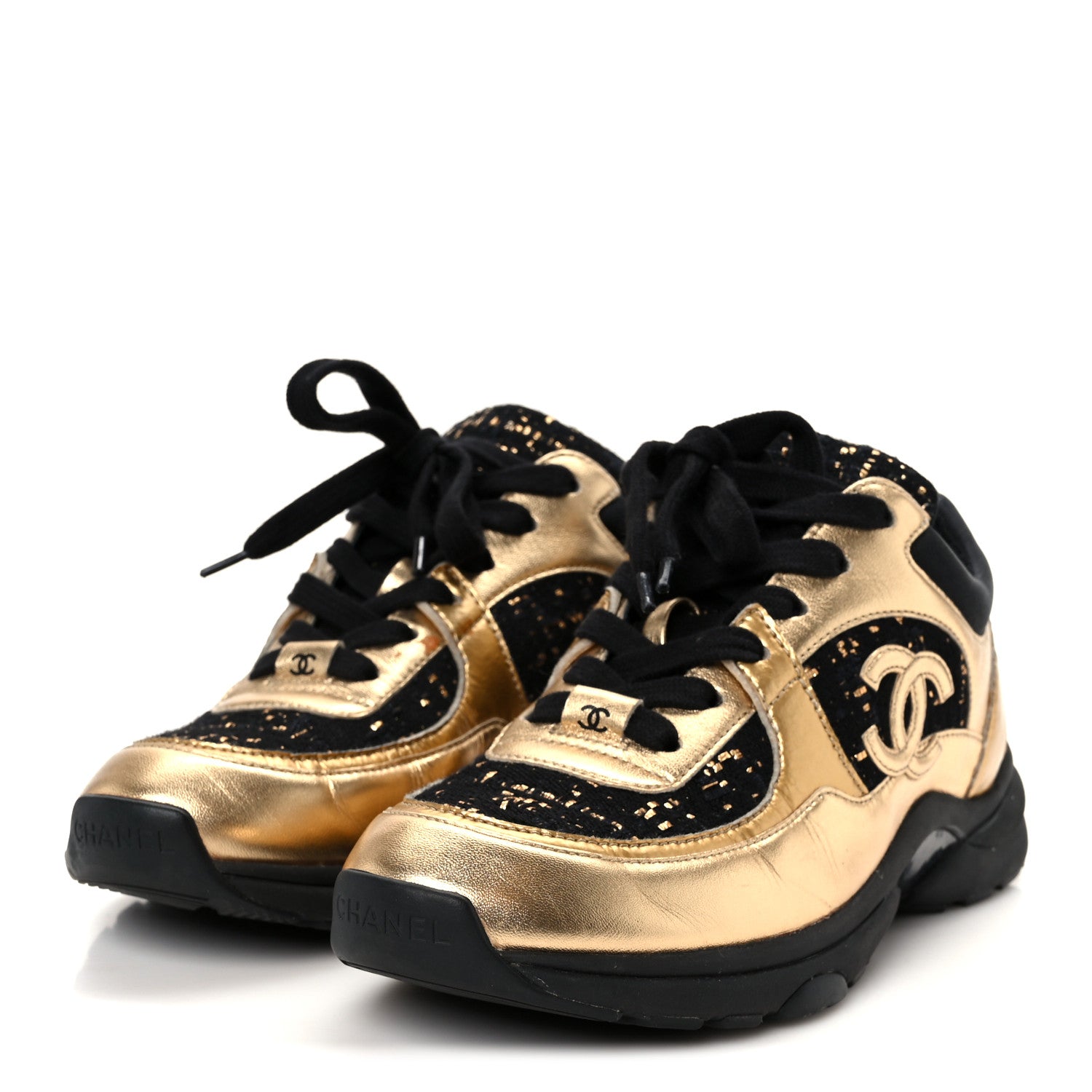 Chanel Satin Lambskin Fabric Tweed CC Sneakers 35.5 Gold Black 4 of 9