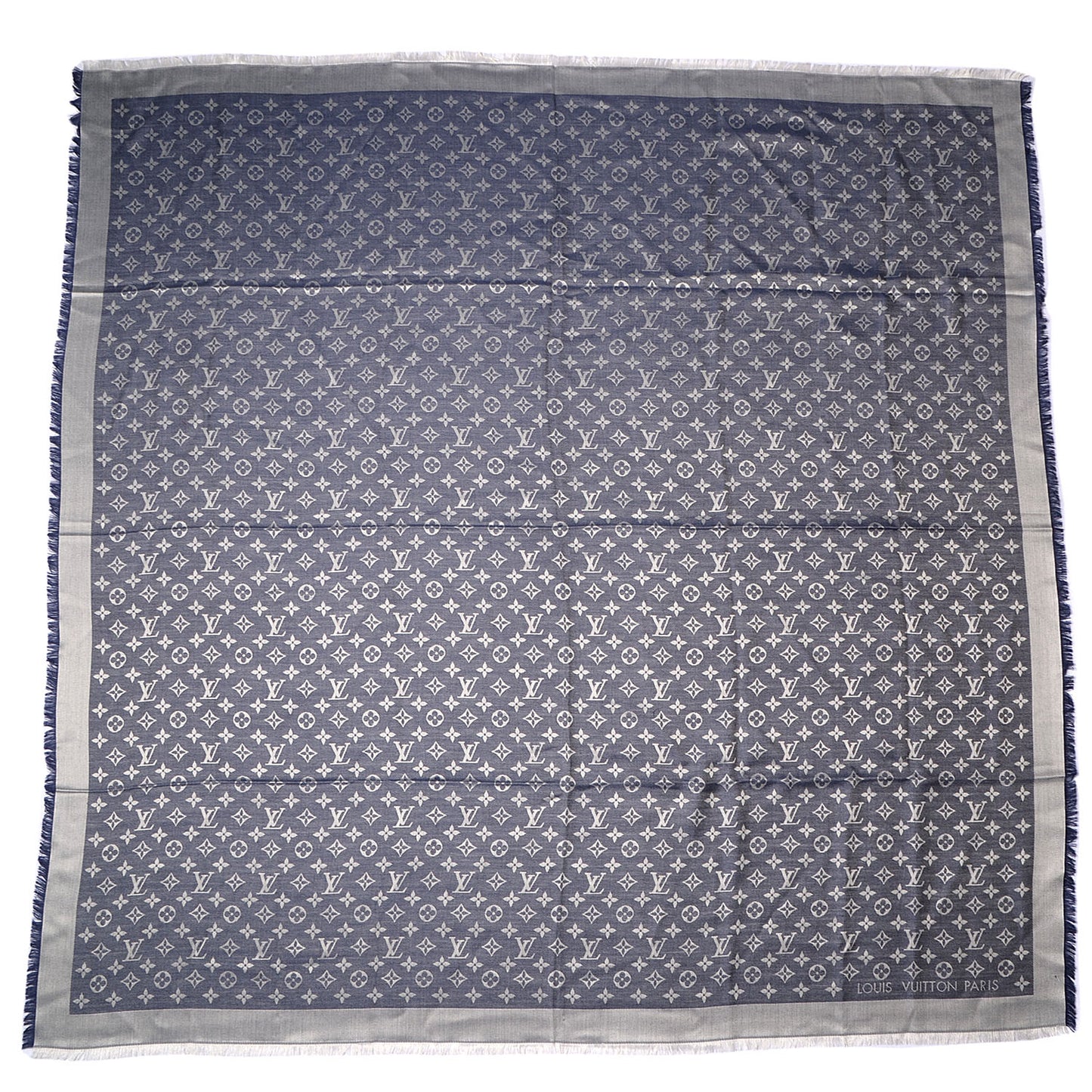 Wool Silk Monogram Denim Shawl Blue